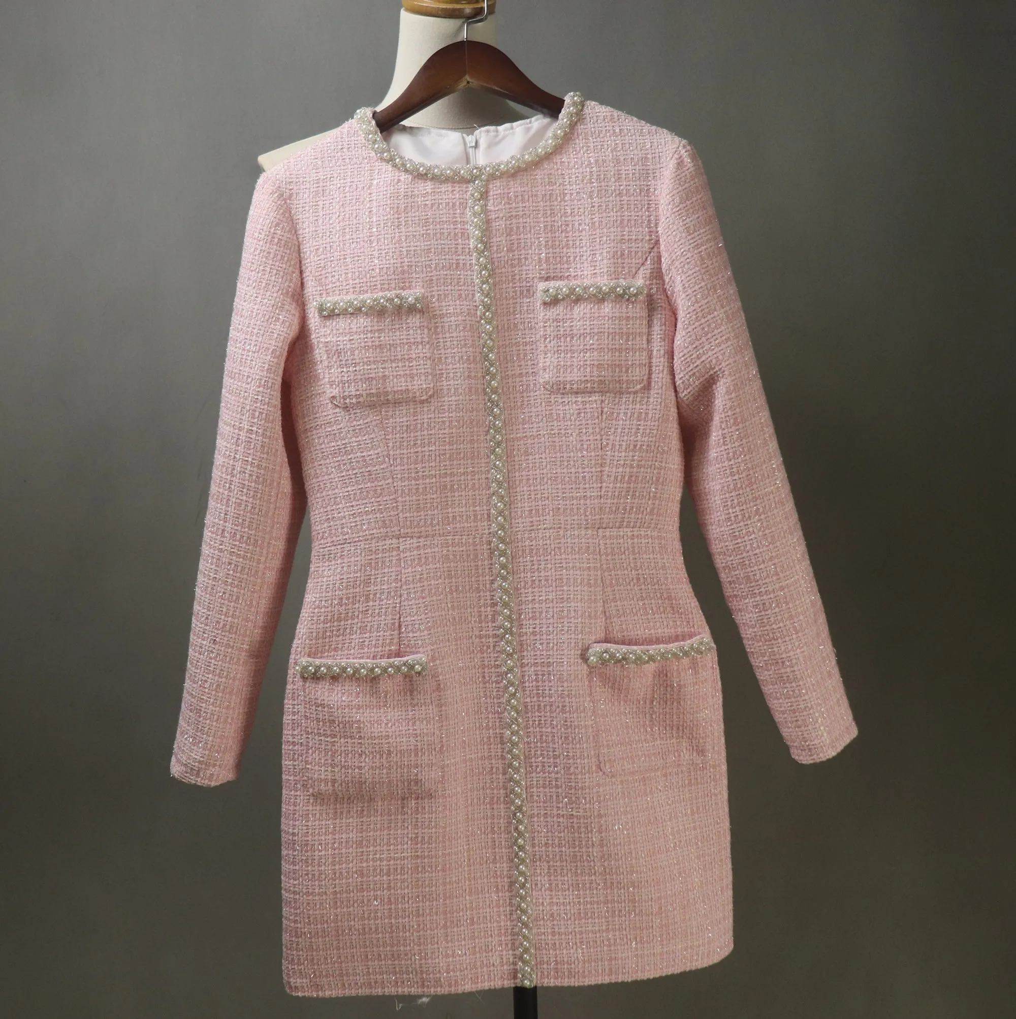 Pink Tweed Dress with Pearls Trim