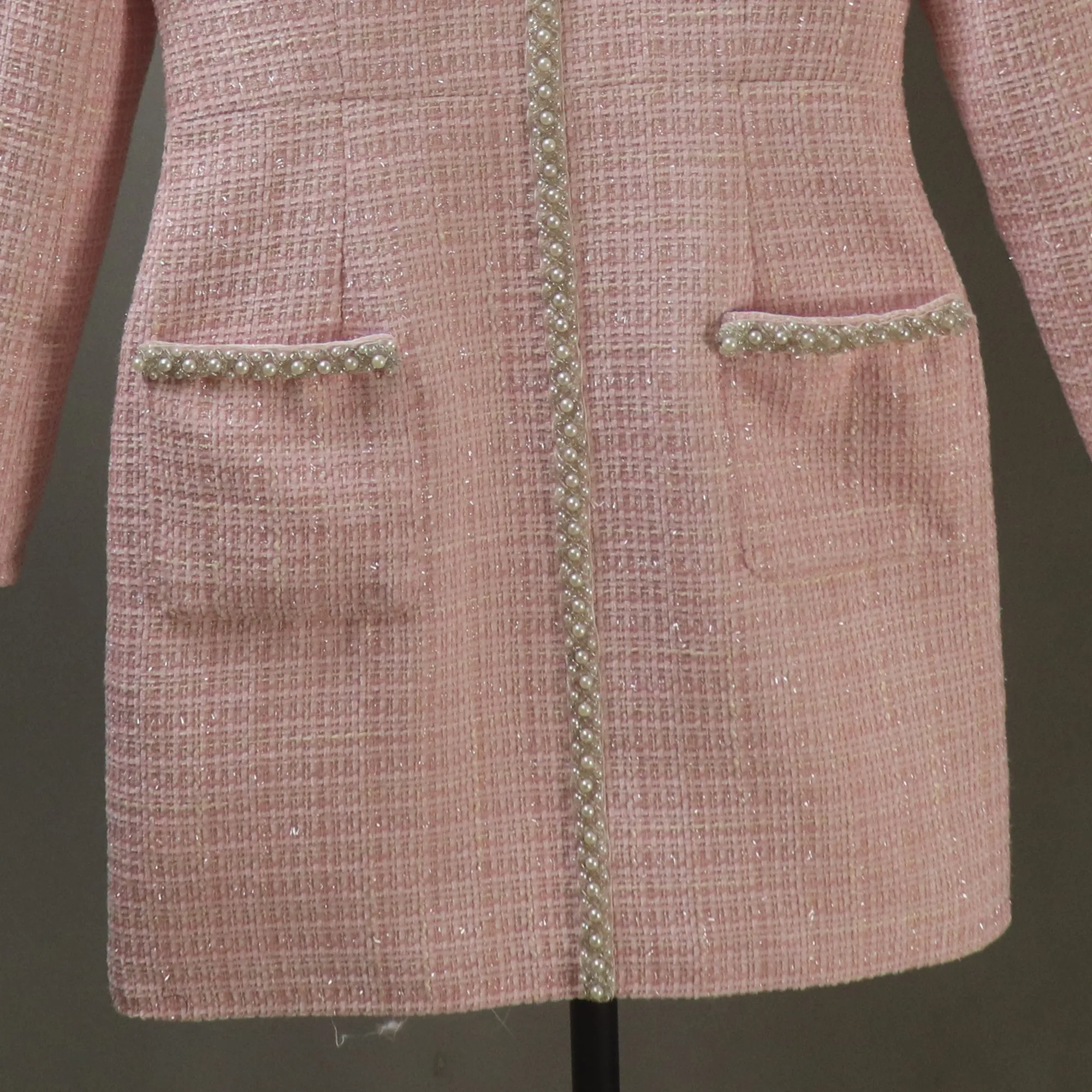 Pink Tweed Dress with Pearls Trim