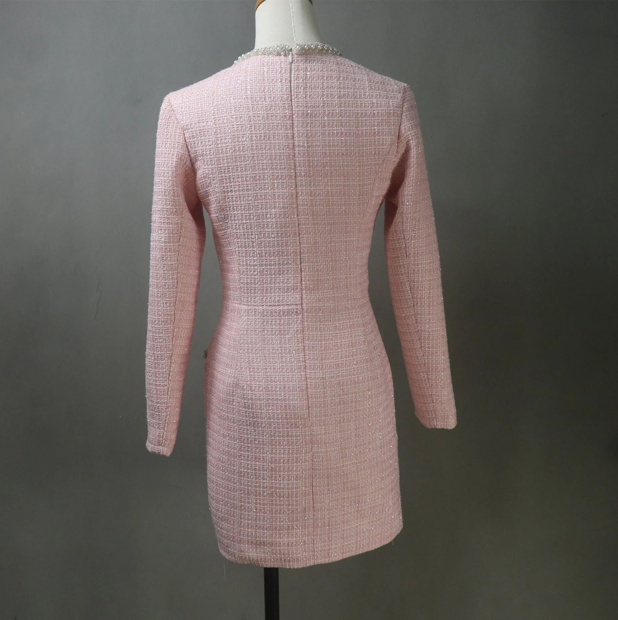 Pink Tweed Dress with Pearls Trim