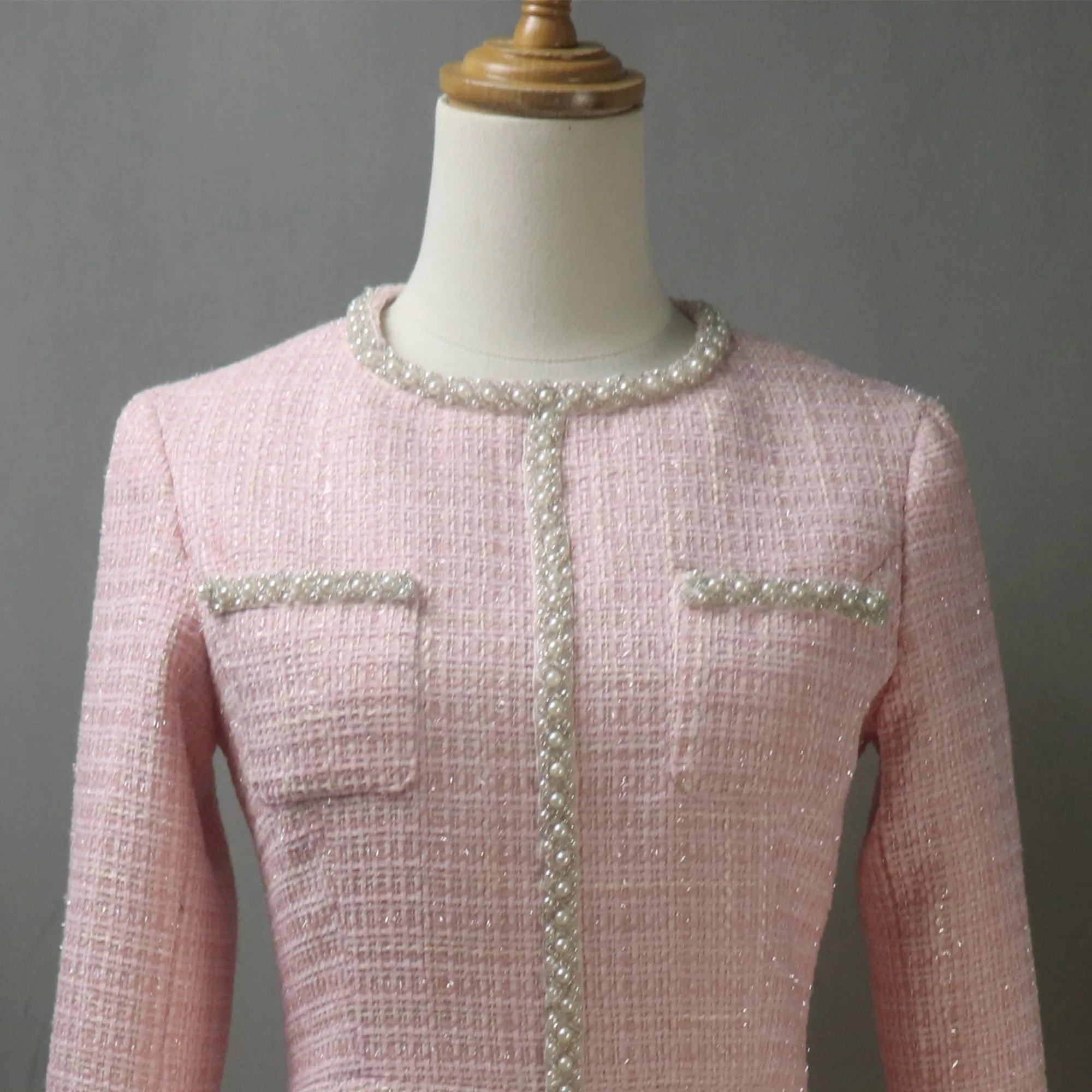 Pink Tweed Dress with Pearls Trim