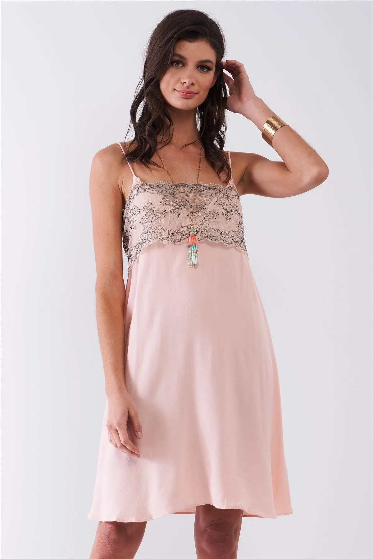 Pink V-Neck Floral Lace Mesh Relaxed Slip Mini Dress