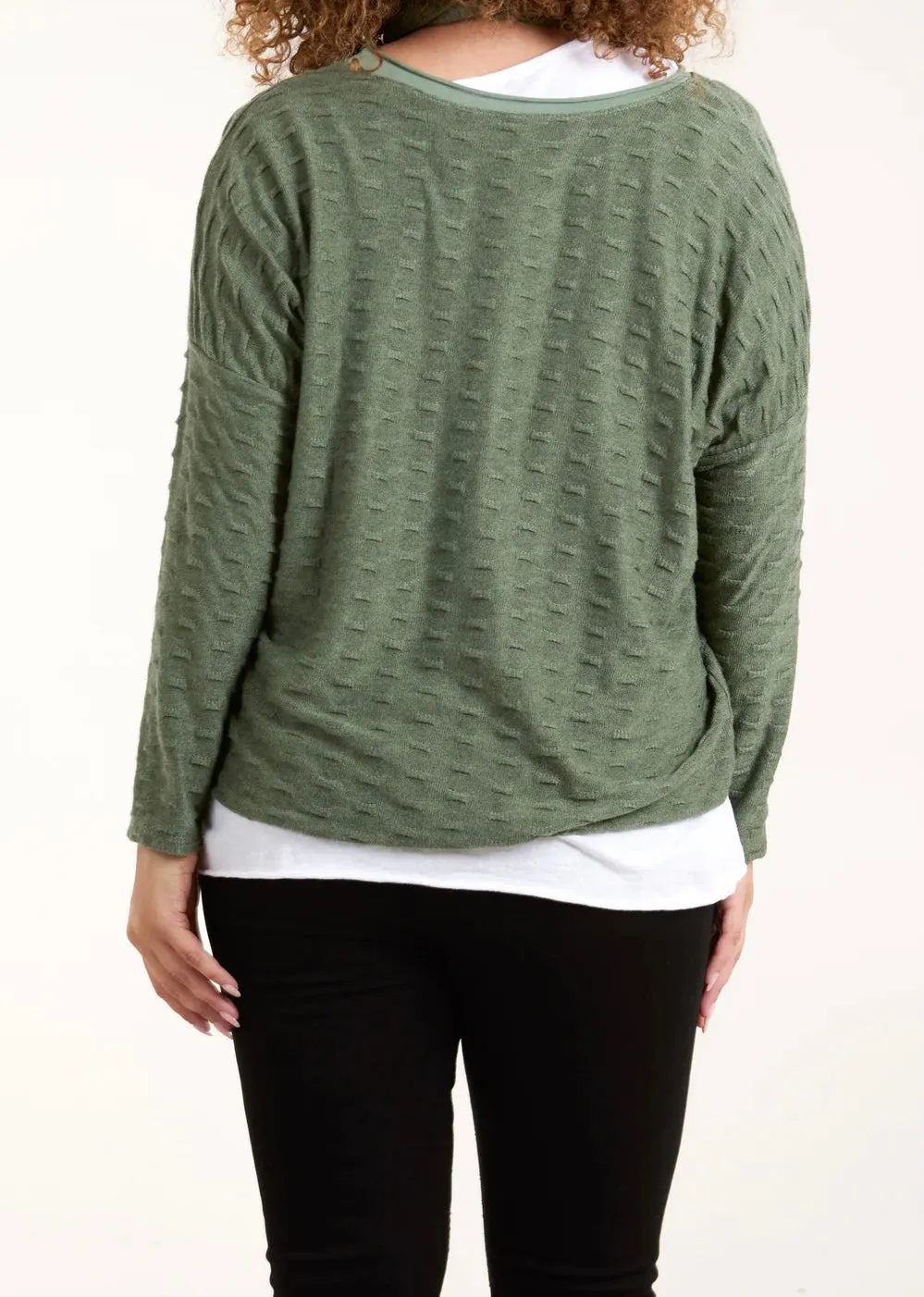 Plain Textured Fine Knit Double Layer Top With Matching Scarf (2 Colours)