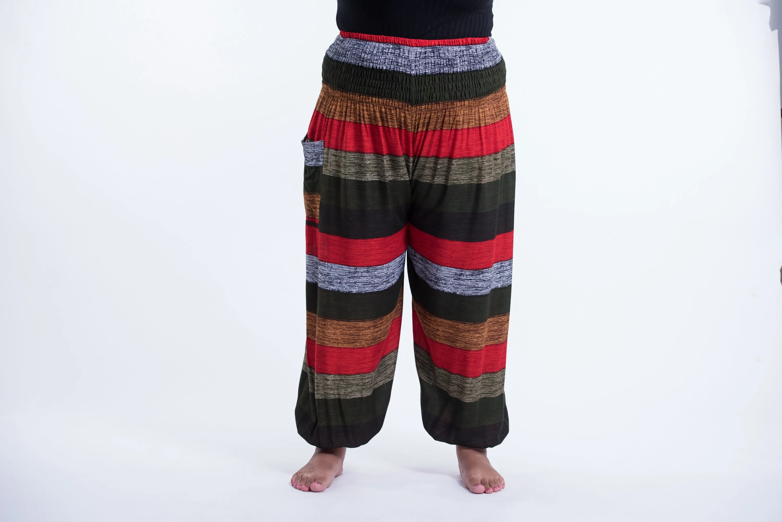 Plus Size Boho Green Striped Unisex Harem Pants