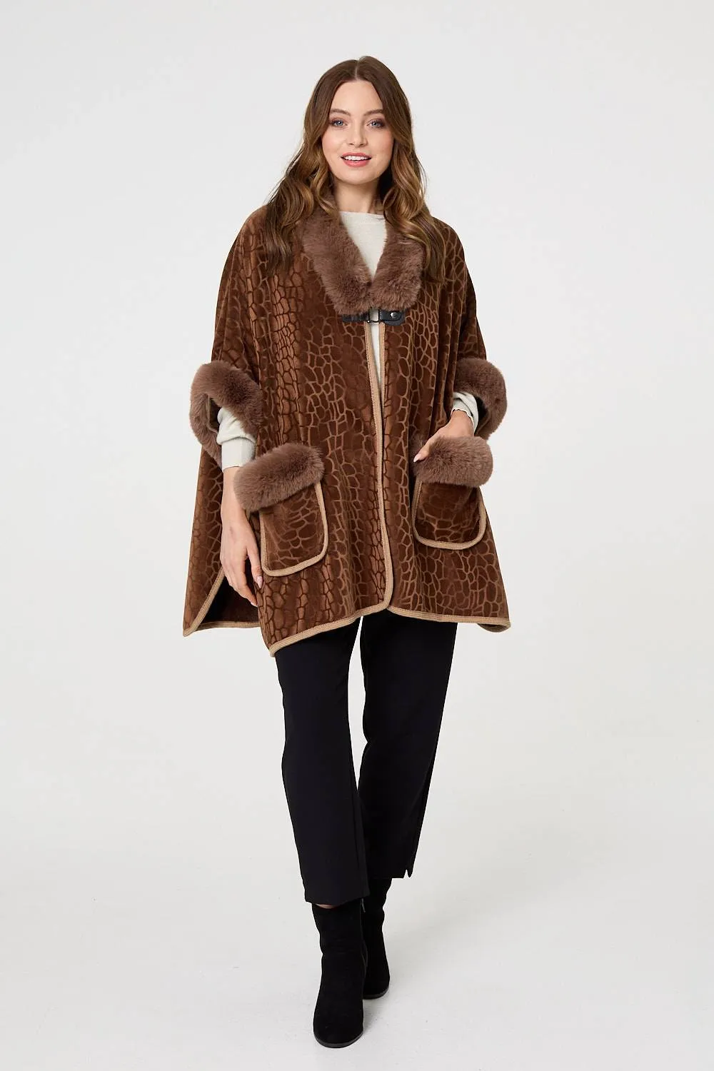 Printed Faux Fur Trim Cape Coat