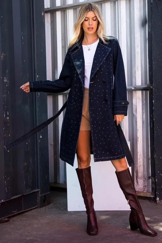 Rhinestone Detailed Denim Trench Coat