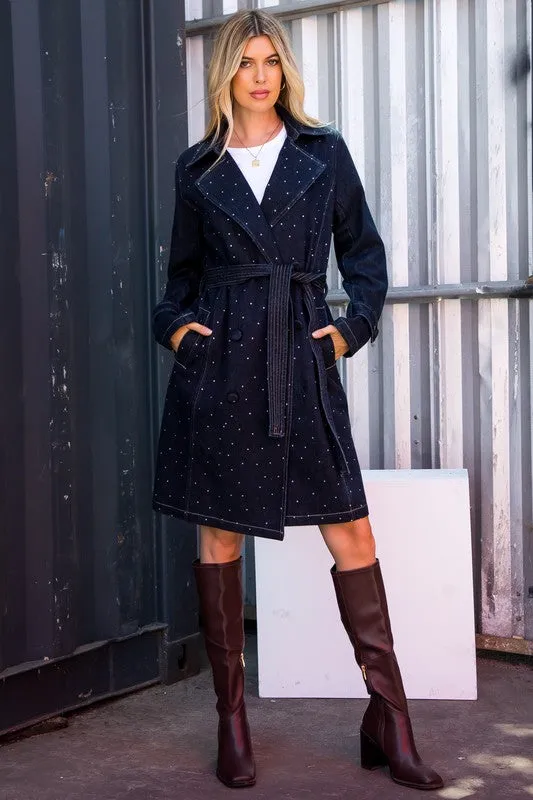 Rhinestone Detailed Denim Trench Coat