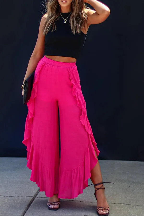 Rose Ruffle Slit High Waist Wide Leg Pants