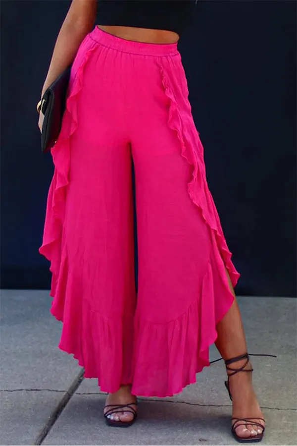 Rose Ruffle Slit High Waist Wide Leg Pants