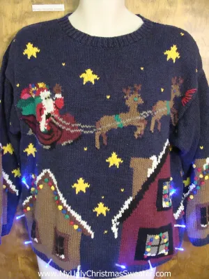 Santa and Flying Reindeer 2sided Light Up Ugly Xmas Sweater