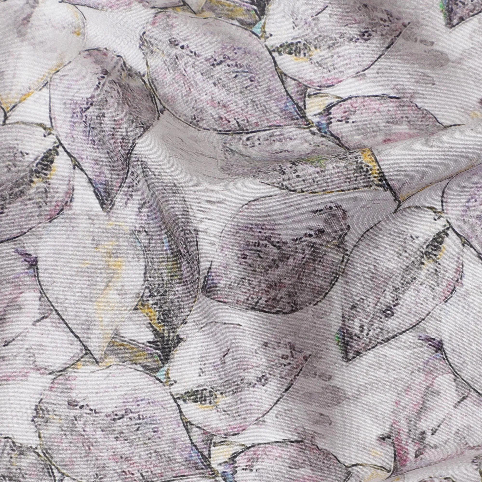 Silver Grey with Purple Leaf Print Cotton Satin Fabric, 110 cm Width-20063