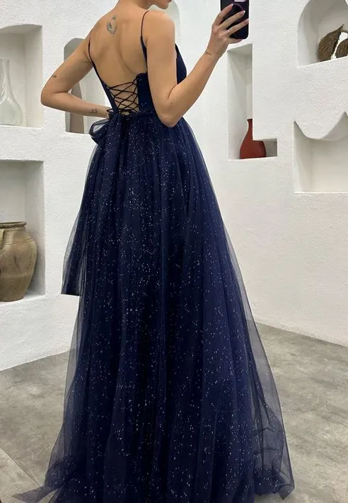 Spaghetti Straps Navy Blue V-neck A-line Long Fashion Prom Dresses       fg4712