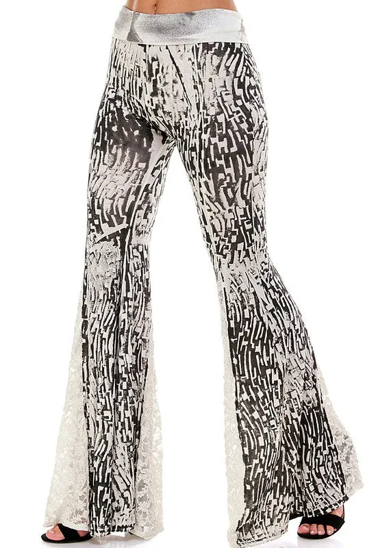 T-Party Mermaid Lace Inset Print Bell Bottom Pants - Black