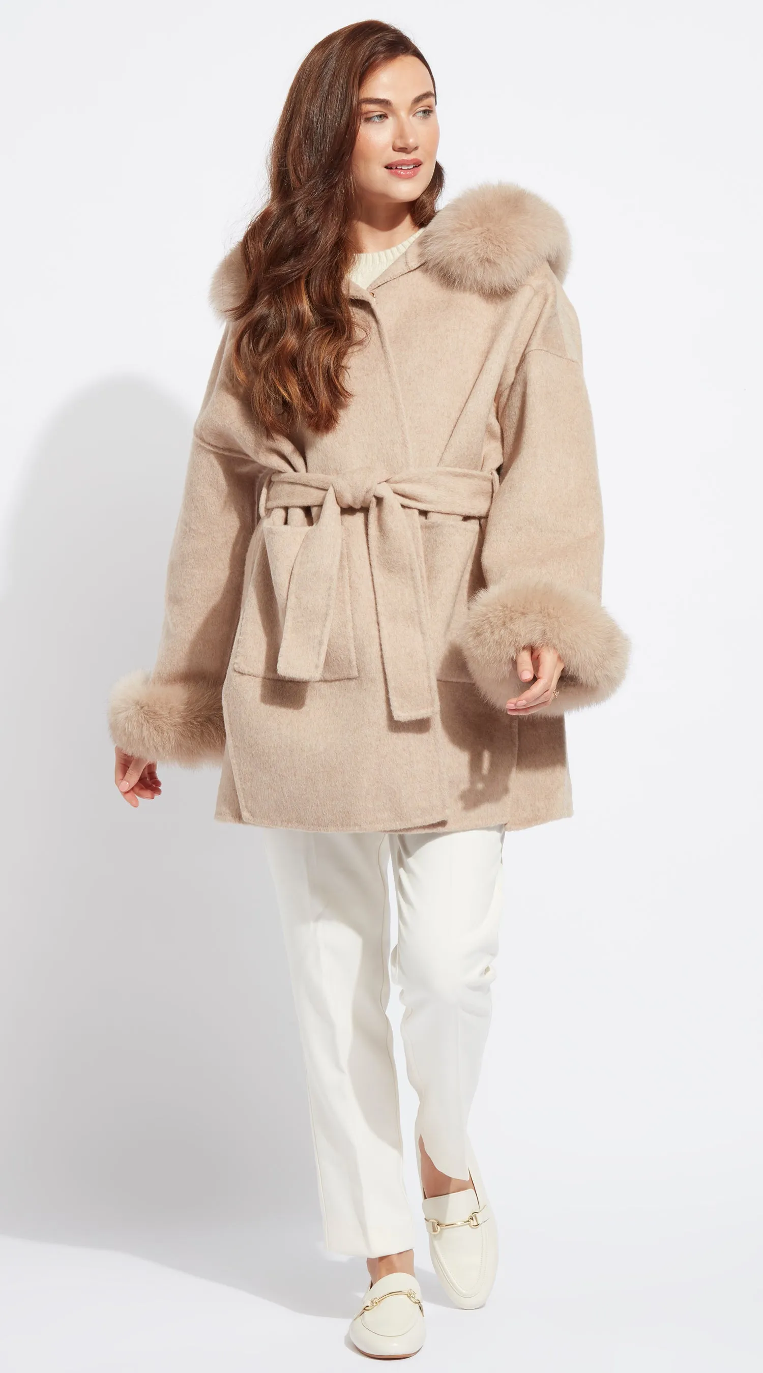 The London Cashmere & Fur Cuffed Belted Coat - Golden Beige