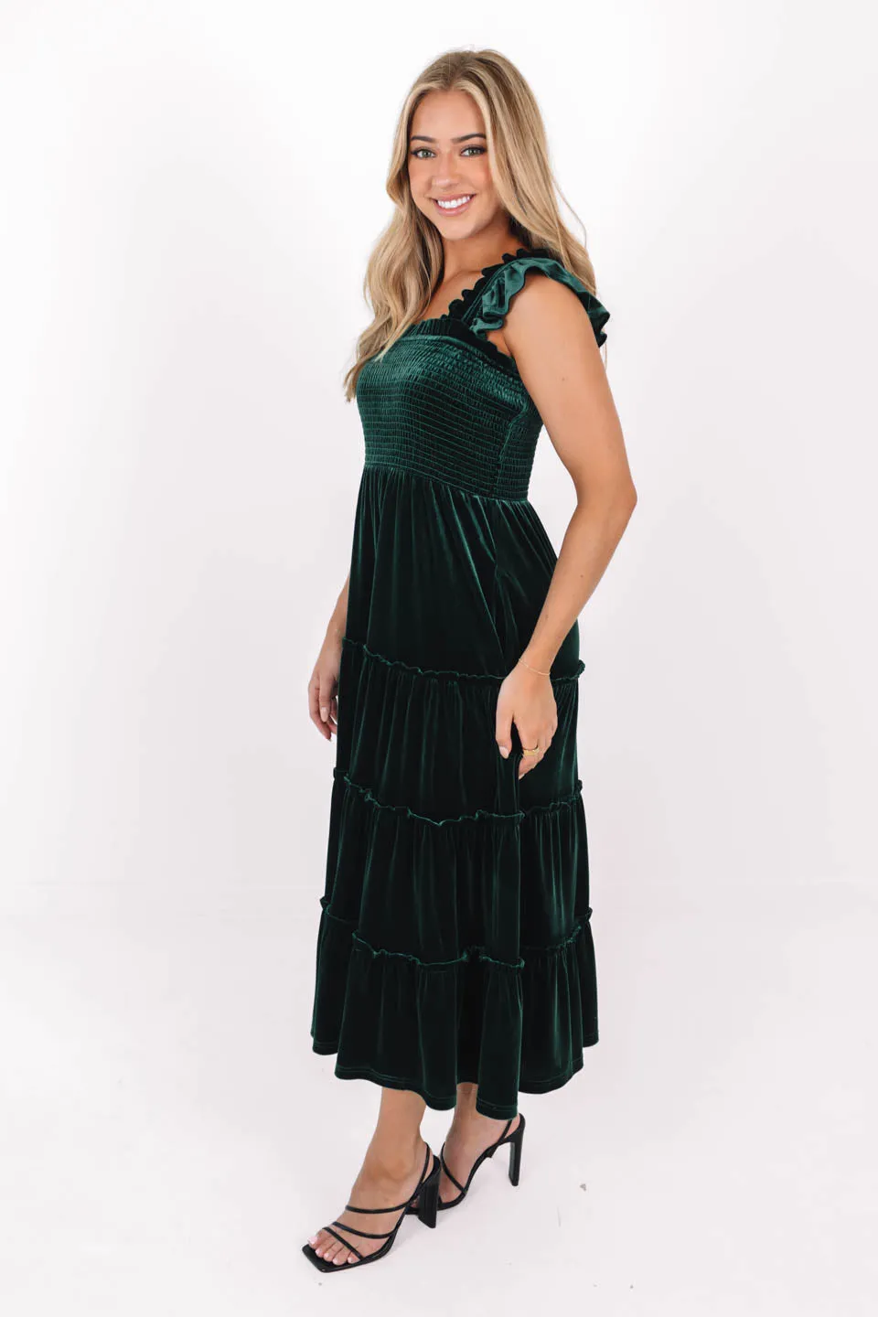 The Tyler Ruffle Strap Midi Dress - Green Velvet