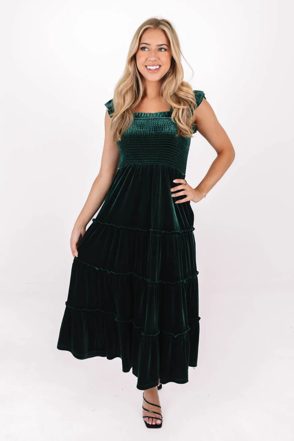 The Tyler Ruffle Strap Midi Dress - Green Velvet