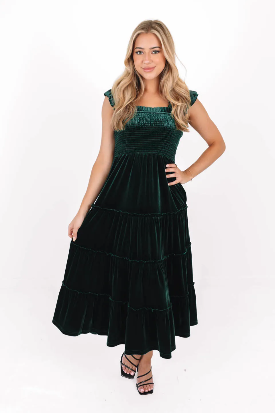 The Tyler Ruffle Strap Midi Dress - Green Velvet