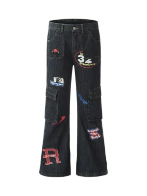 Thesupermade Graphic Multi Pocket Flare Jeans