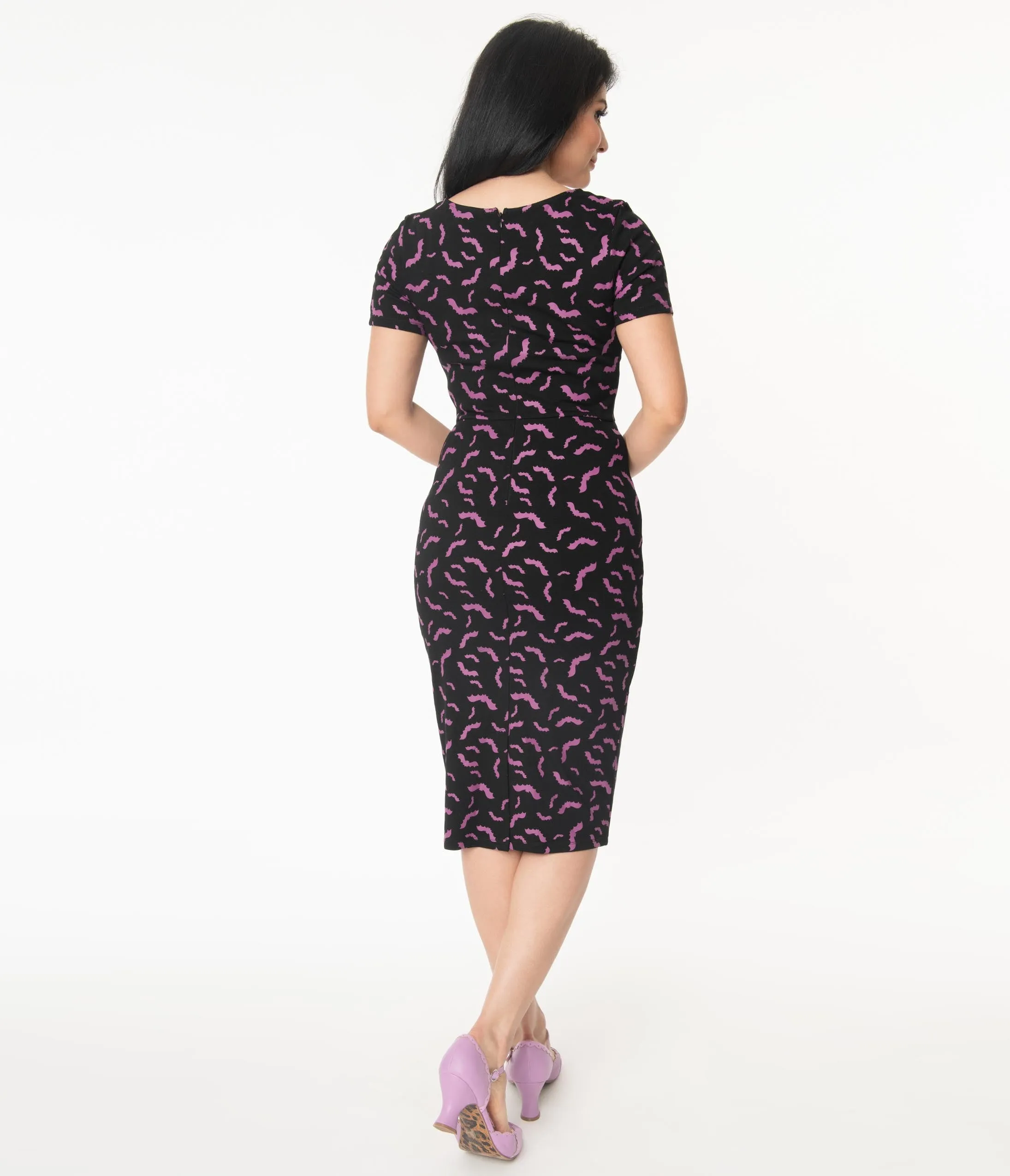 Unique Vintage Black & Purple Bats Short Sleeve Mod Wiggle Dress