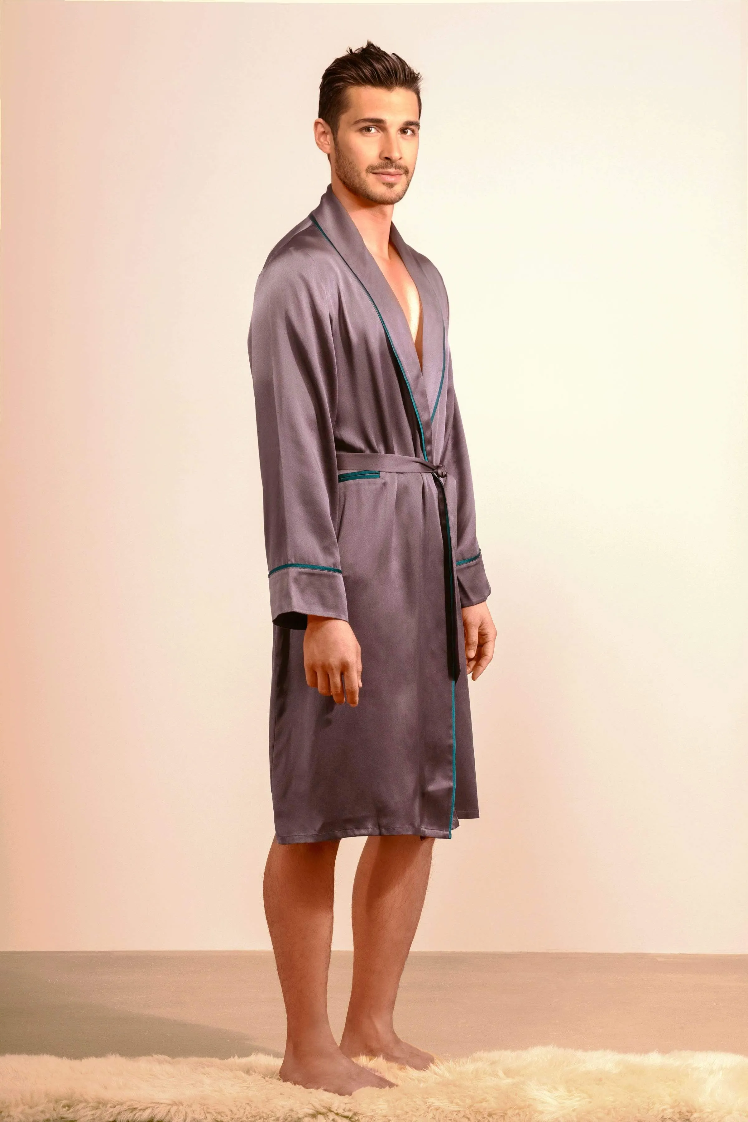 Unisex Silk Midi Smoking Robe · Charcoal Grey · Extended Sizing