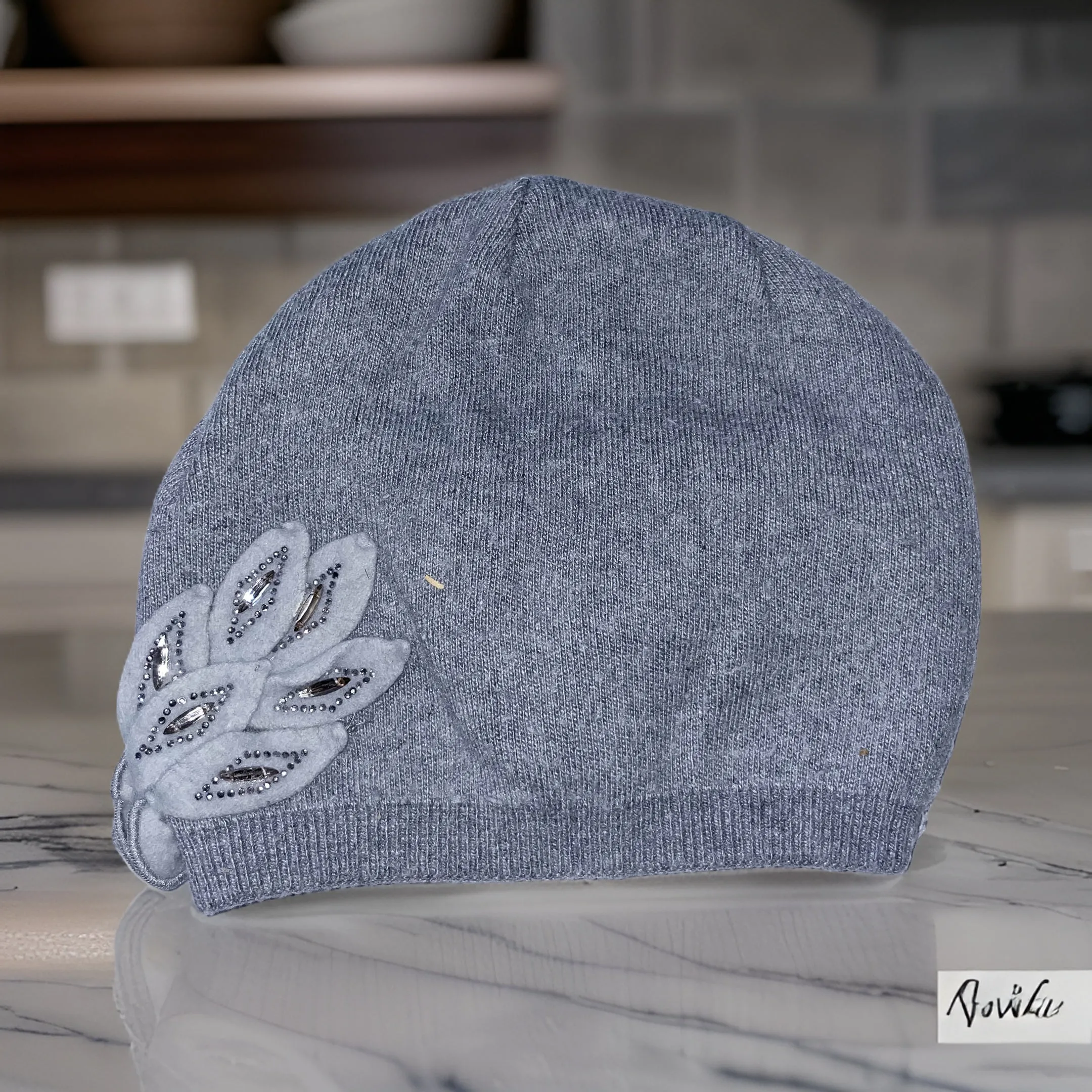 Vintage grey womens beanie hat with flower embroidery