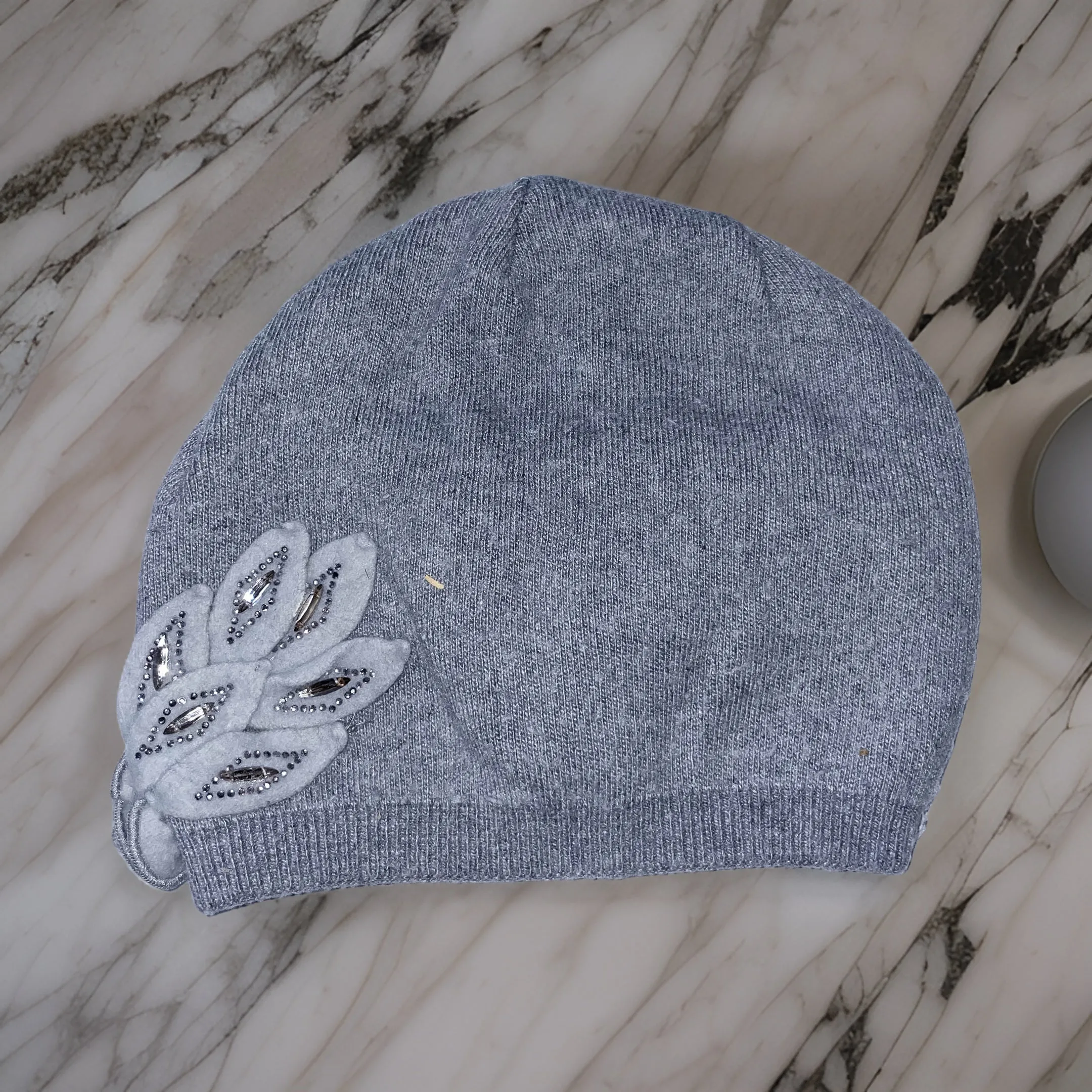 Vintage grey womens beanie hat with flower embroidery