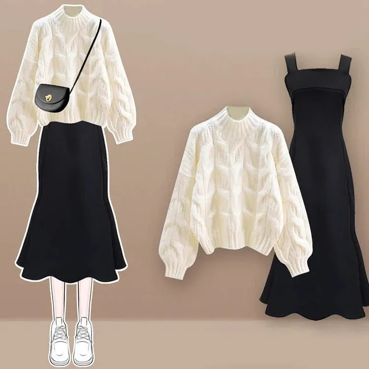 Vivid Elegance: Chic White Knit Sweater Dress Set