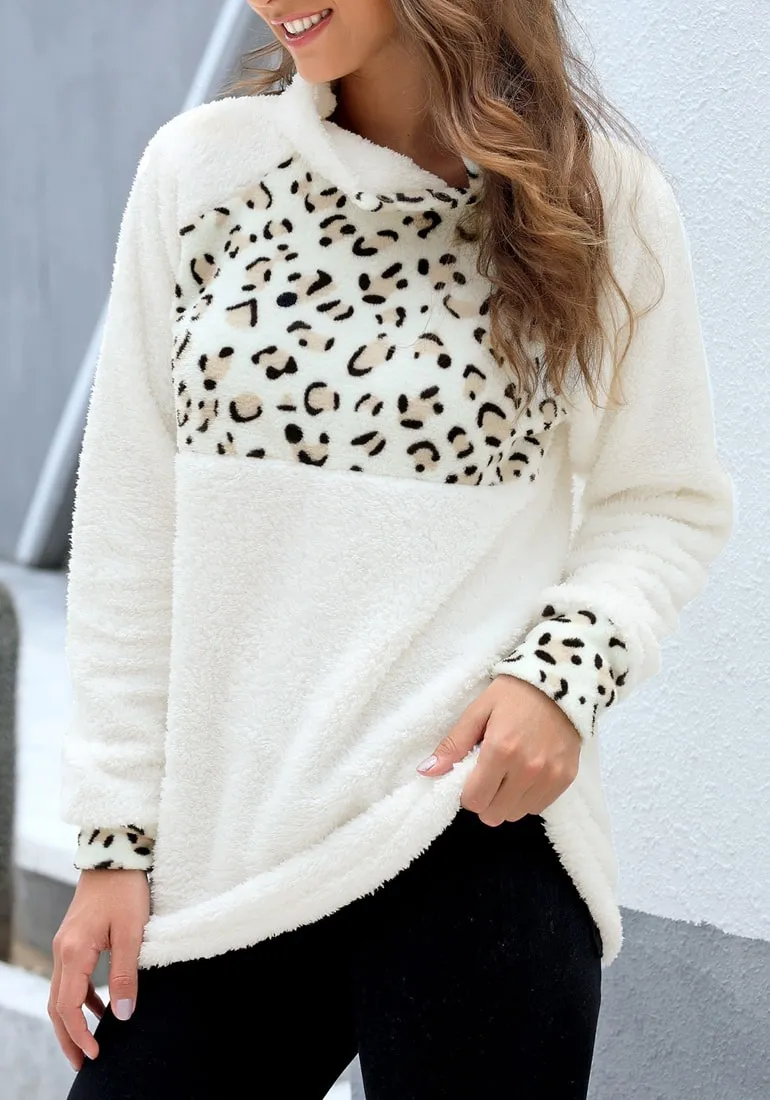 White Oblique Stand Collar Leopard Fleece Pullover