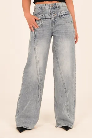 Wide jeans met dubbele tailleband blauw - Allie