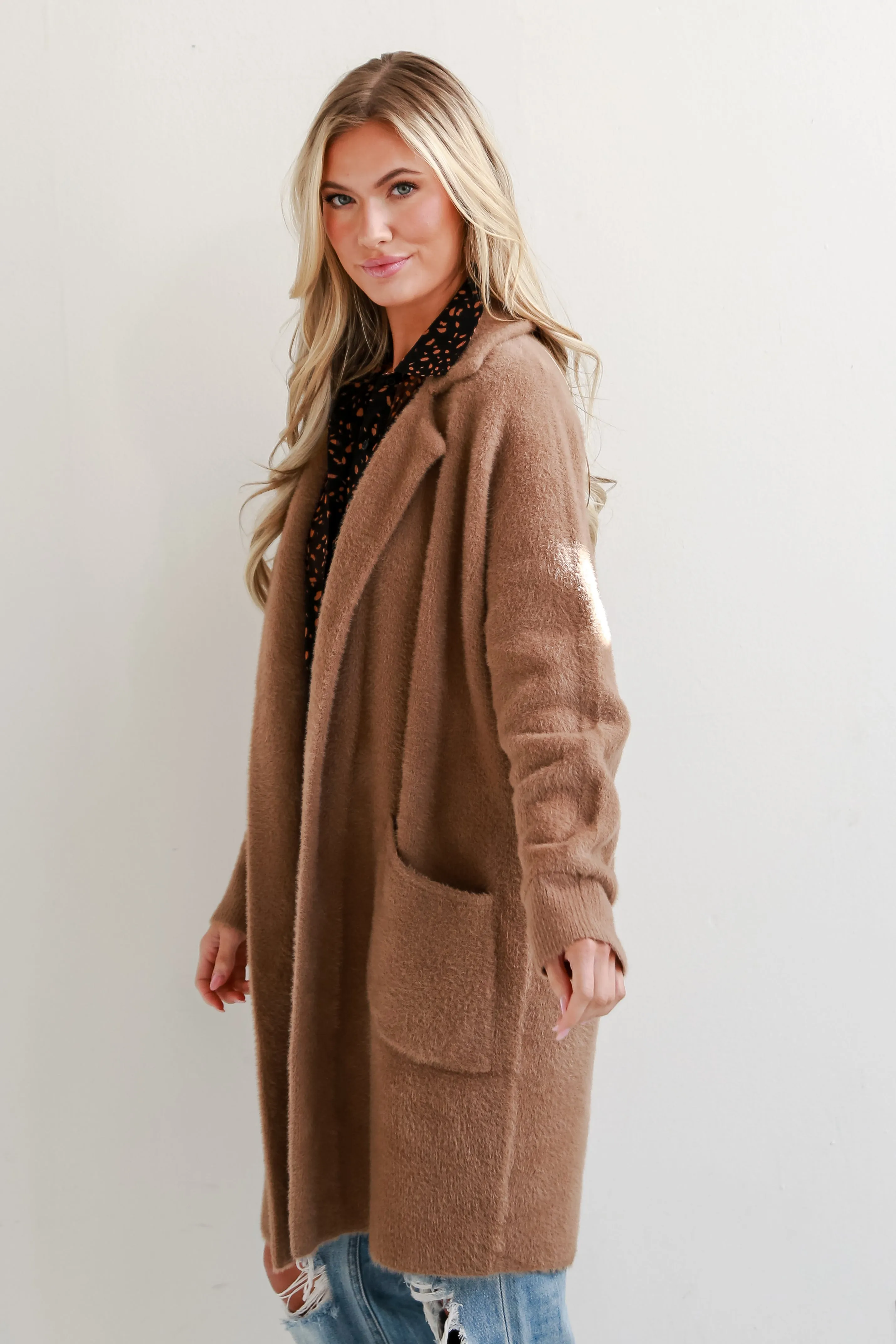 Wintery Stroll Taupe Eyelash Knit Longline Coat