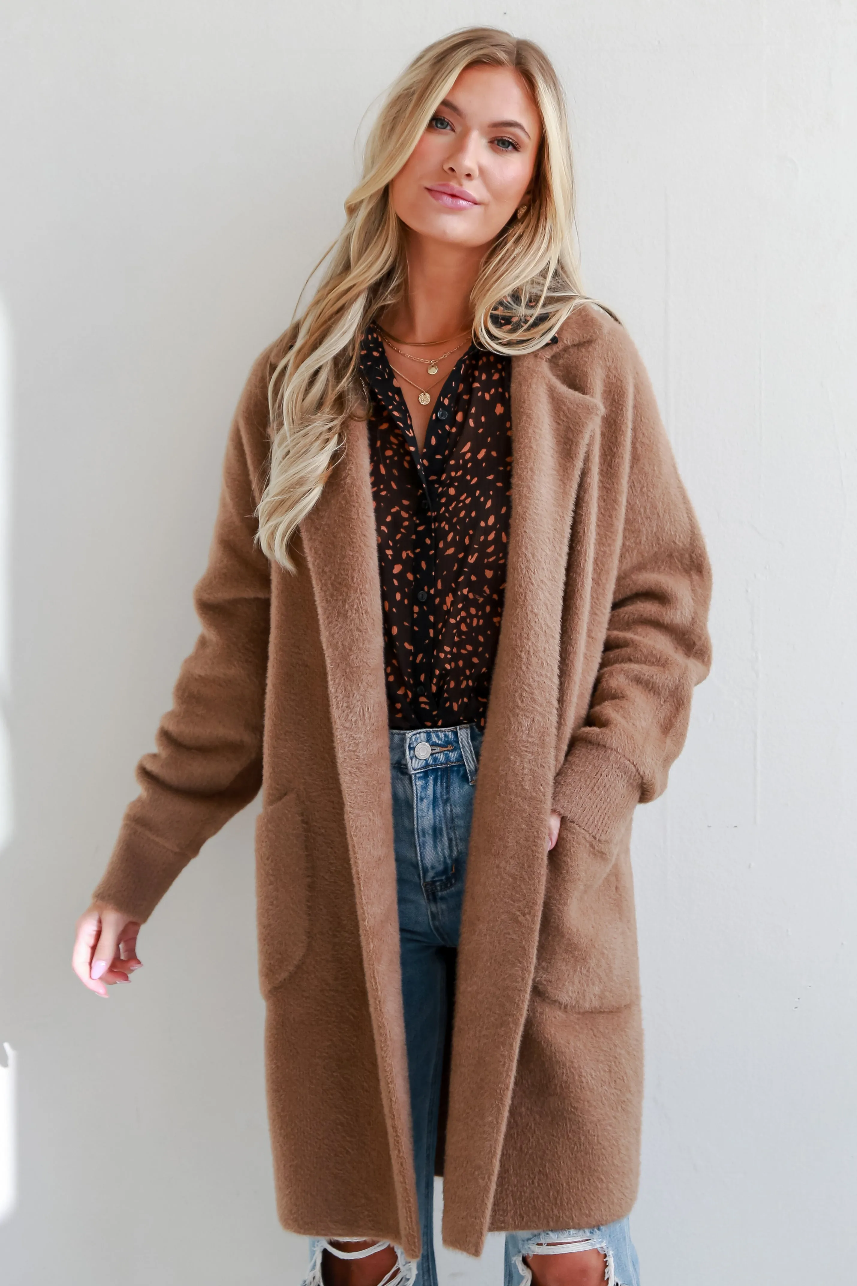 Wintery Stroll Taupe Eyelash Knit Longline Coat