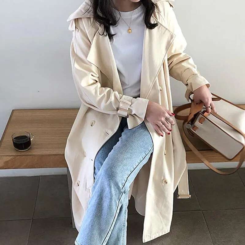 Wjczt Casual Ladies Double Breasted Trench Coat Women Belted Long Loose Female Windbreaker All-Match Overcoat Winter 2022