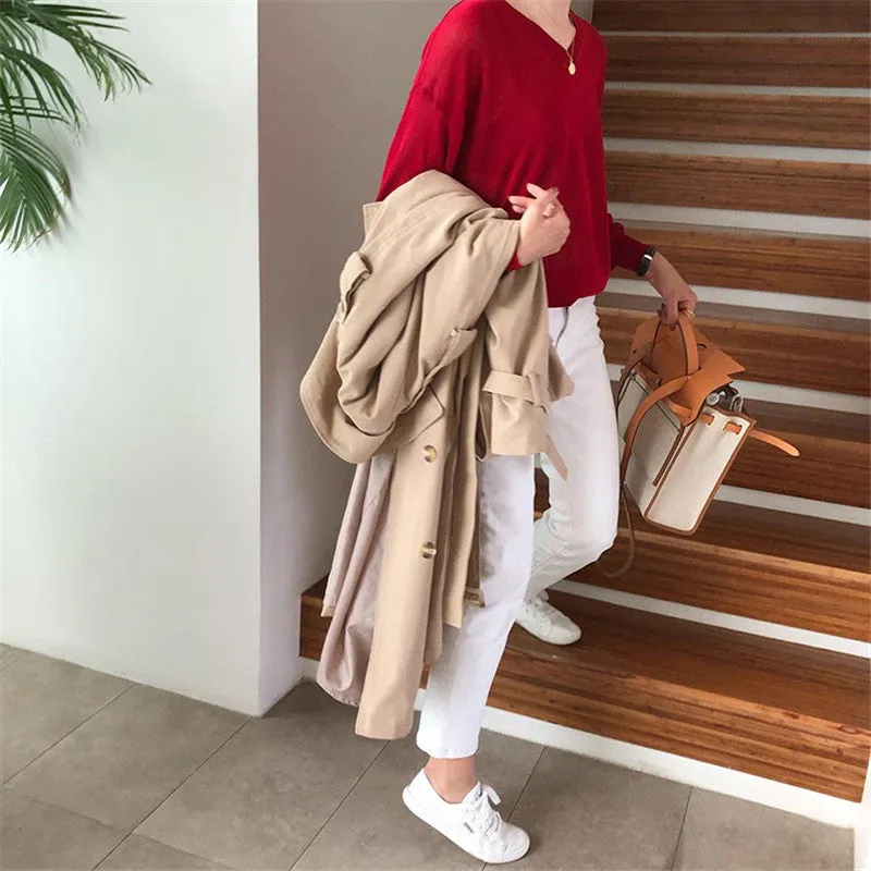 Wjczt Casual Ladies Double Breasted Trench Coat Women Belted Long Loose Female Windbreaker All-Match Overcoat Winter 2022