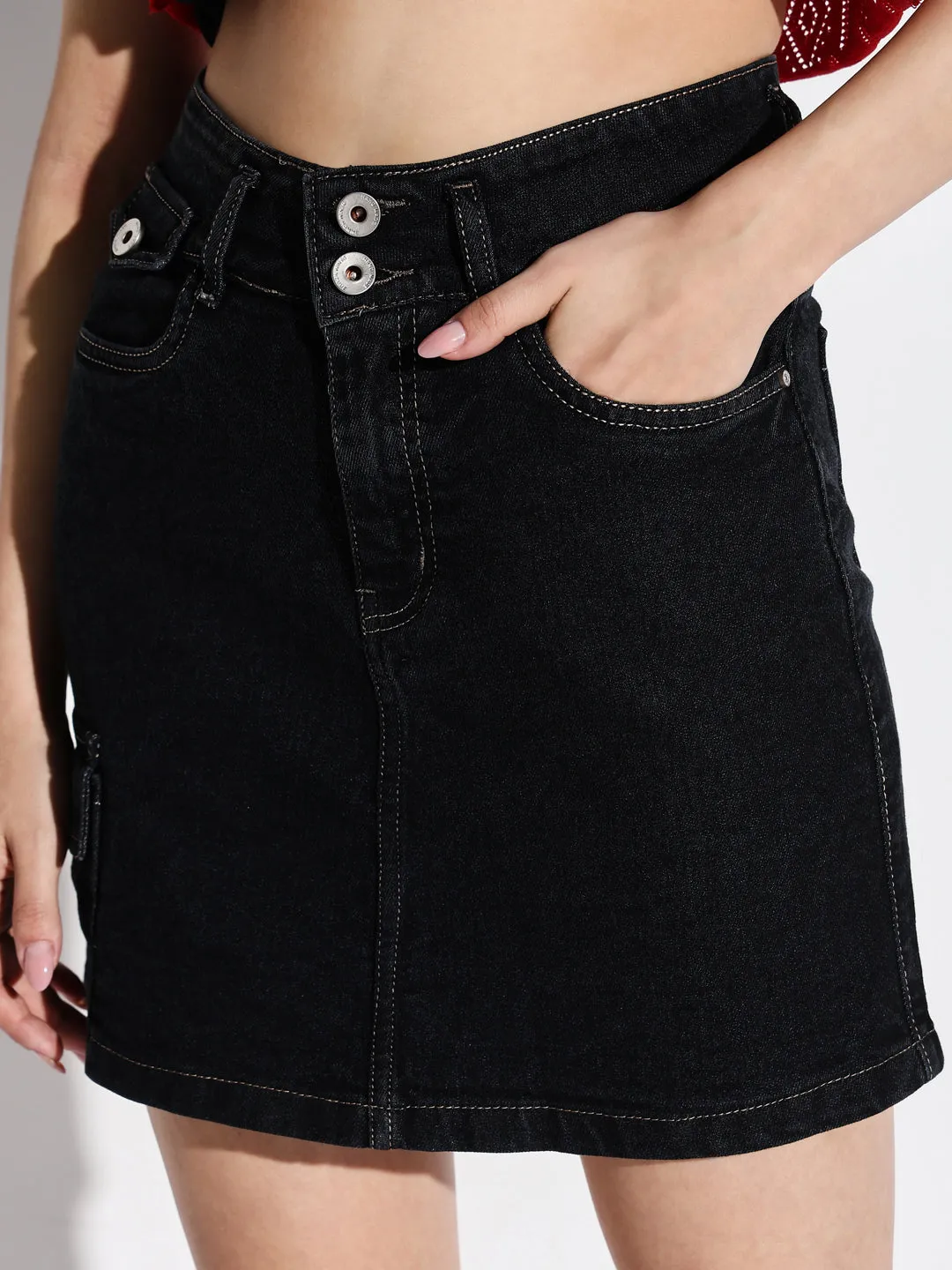 Women Black Solid Pencil Denim Skirt