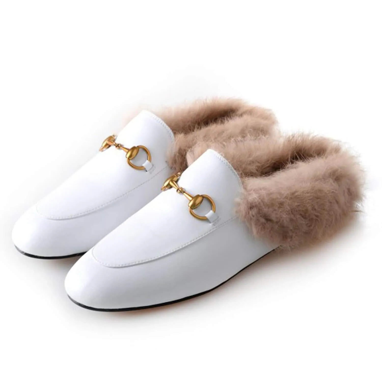 Women Handmade Leather Fur Flat Slippers Mules