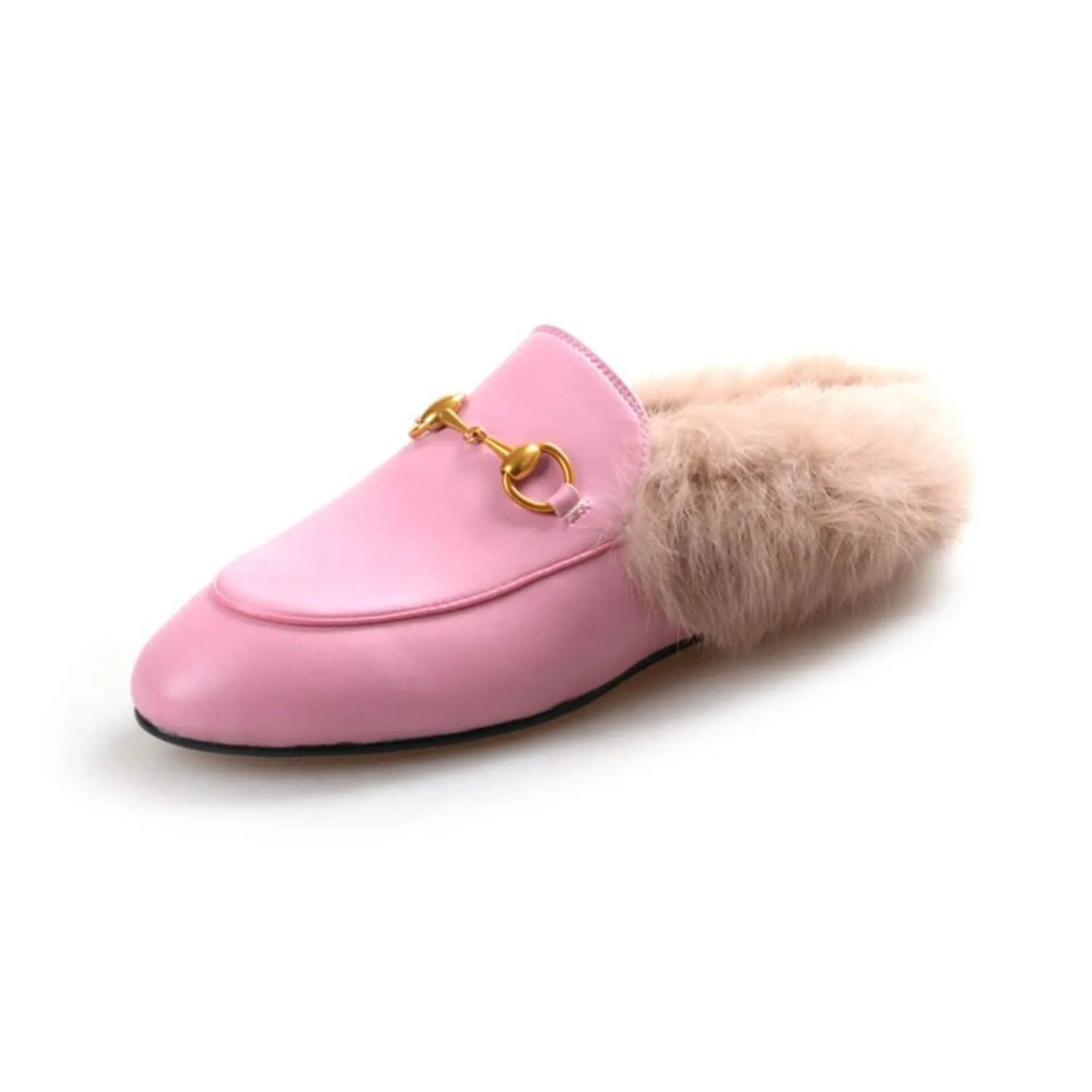 Women Handmade Leather Fur Flat Slippers Mules