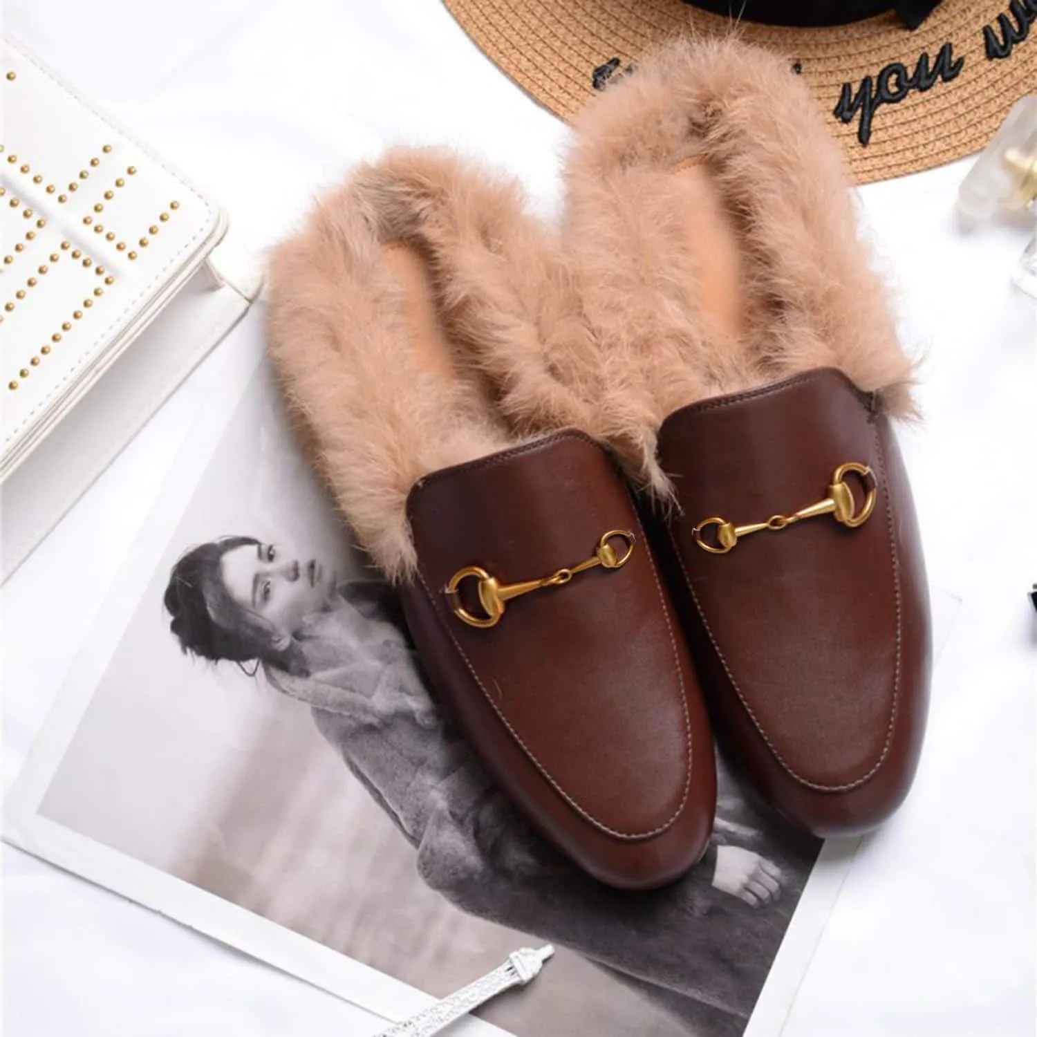 Women Handmade Leather Fur Flat Slippers Mules