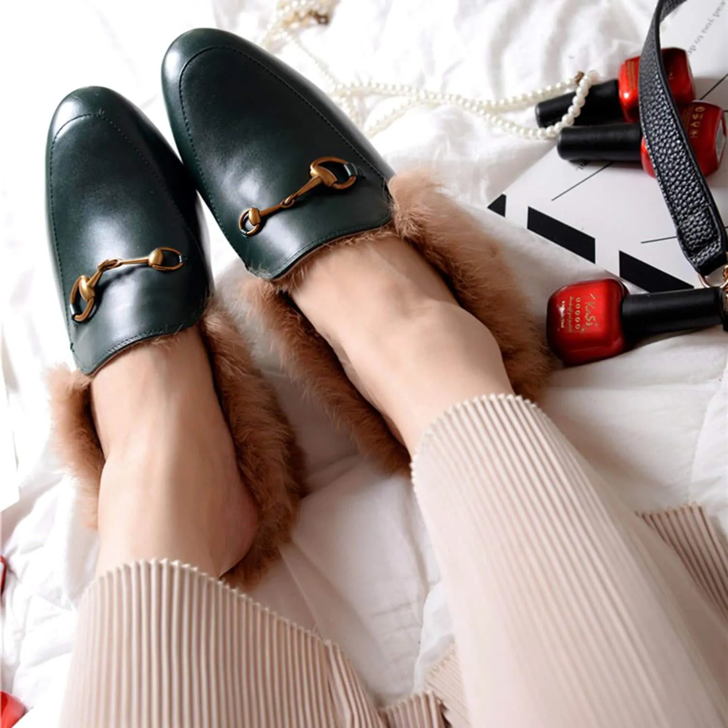 Women Handmade Leather Fur Flat Slippers Mules