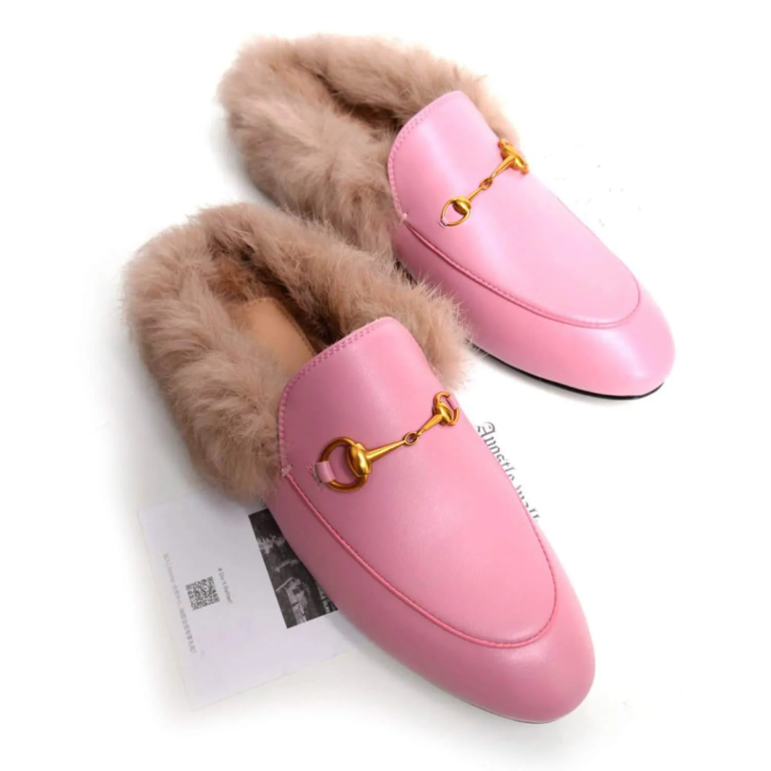 Women Handmade Leather Fur Flat Slippers Mules