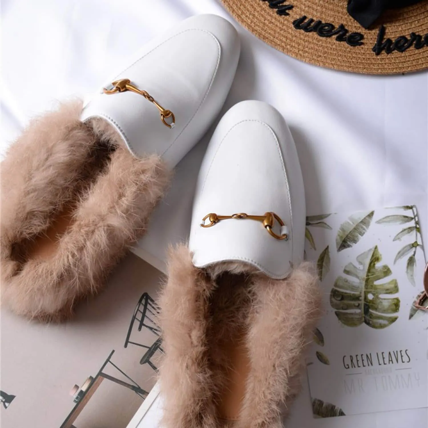 Women Handmade Leather Fur Flat Slippers Mules