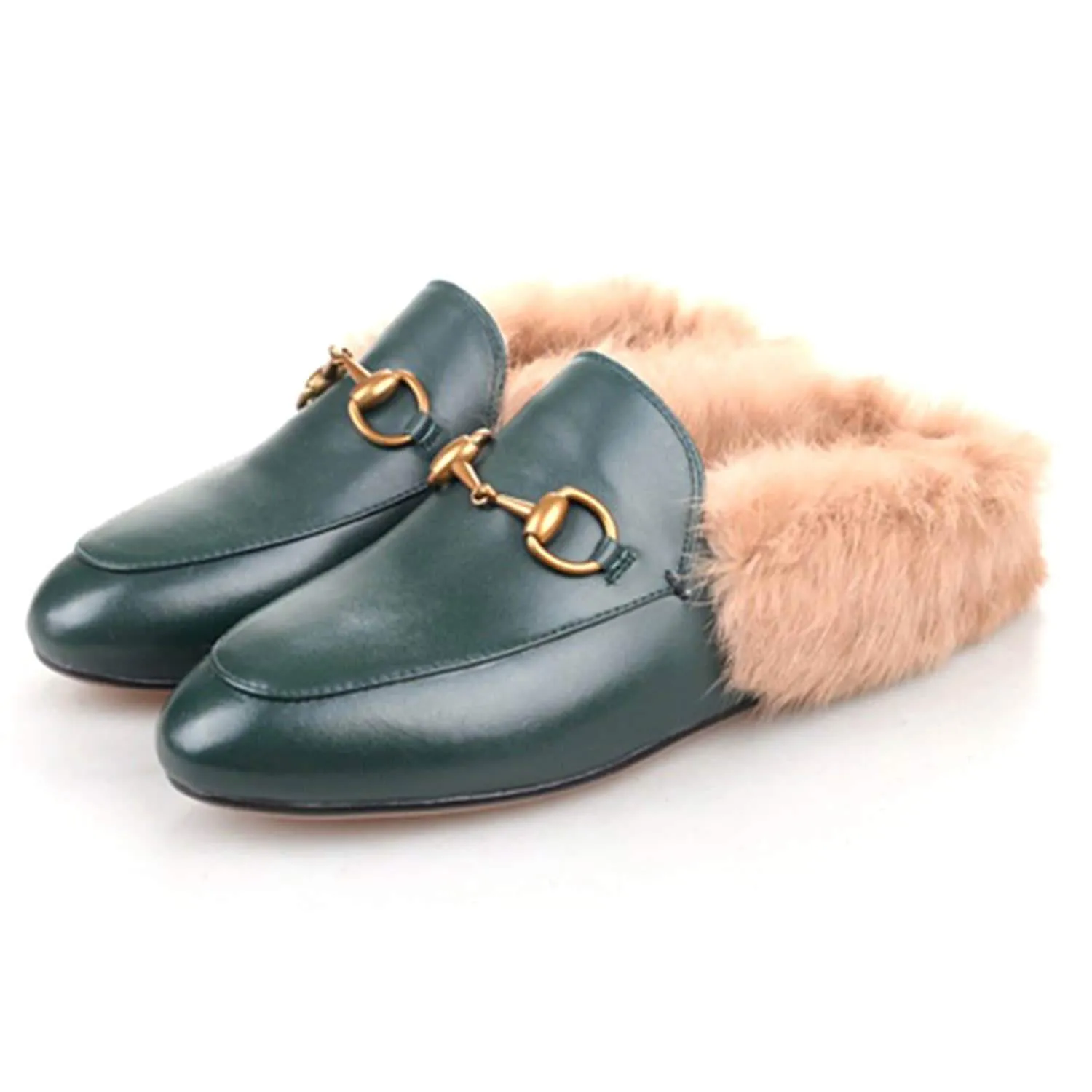 Women Handmade Leather Fur Flat Slippers Mules