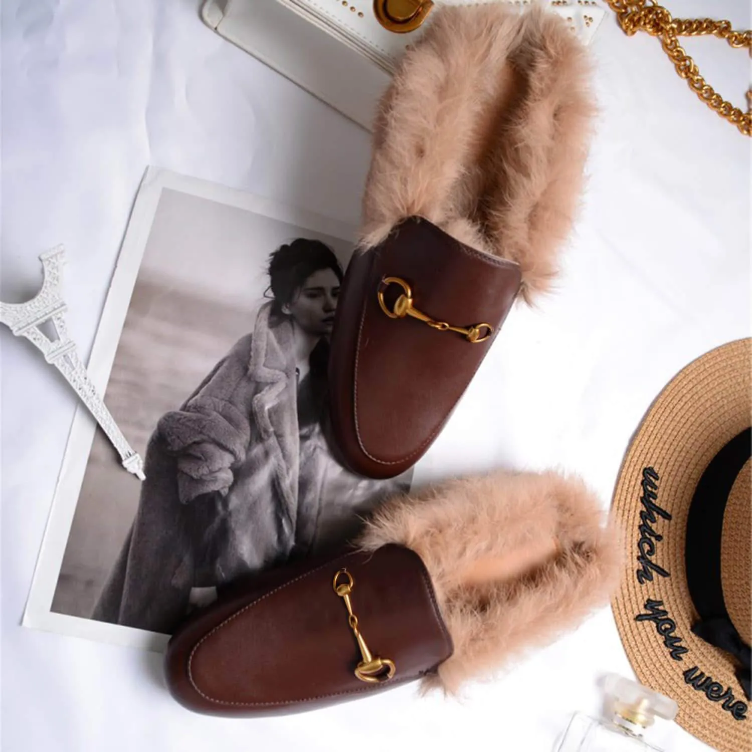 Women Handmade Leather Fur Flat Slippers Mules