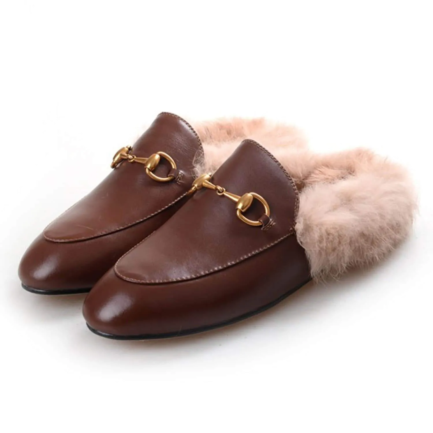 Women Handmade Leather Fur Flat Slippers Mules