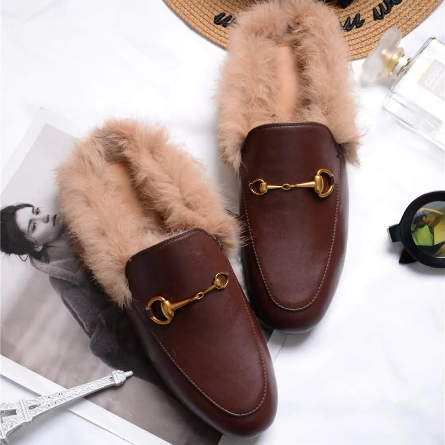 Women Handmade Leather Fur Flat Slippers Mules