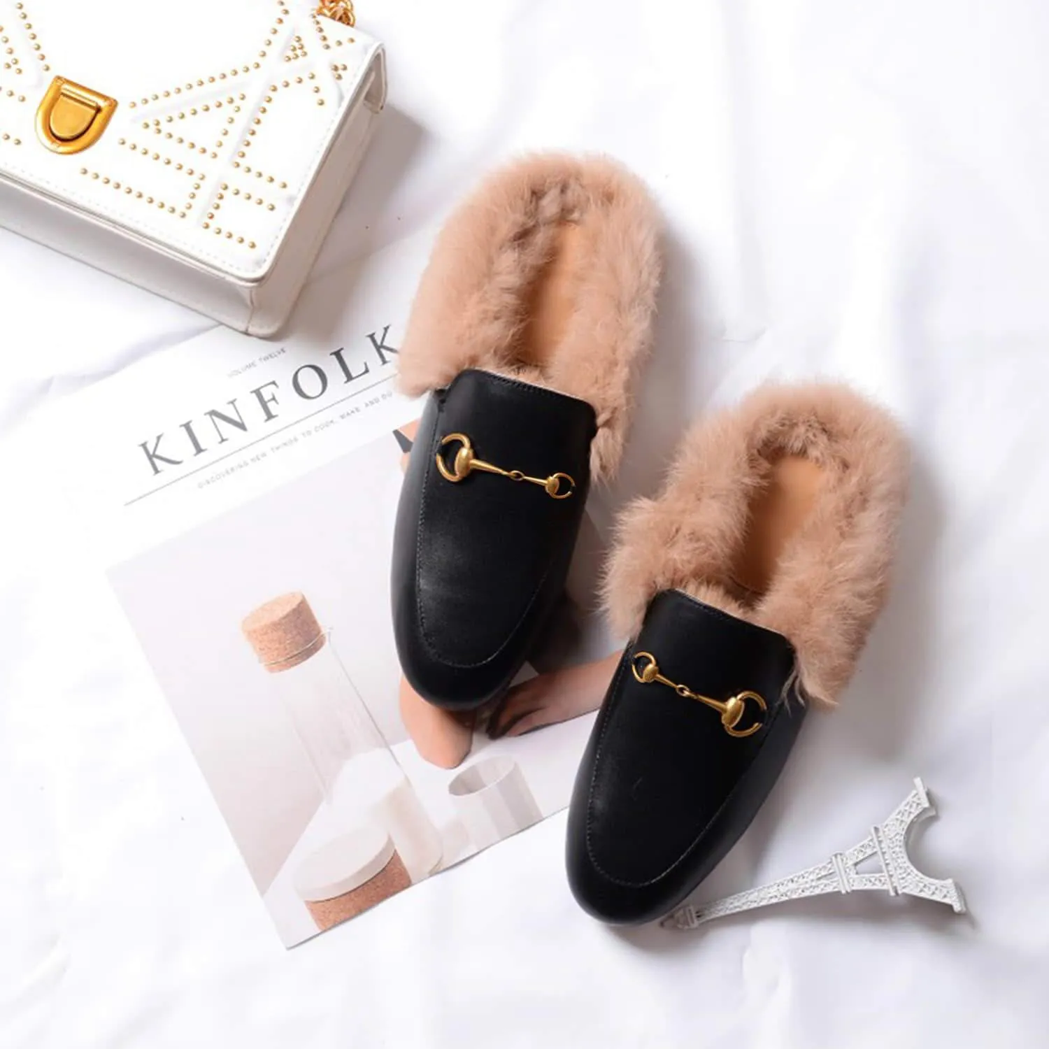 Women Handmade Leather Fur Flat Slippers Mules