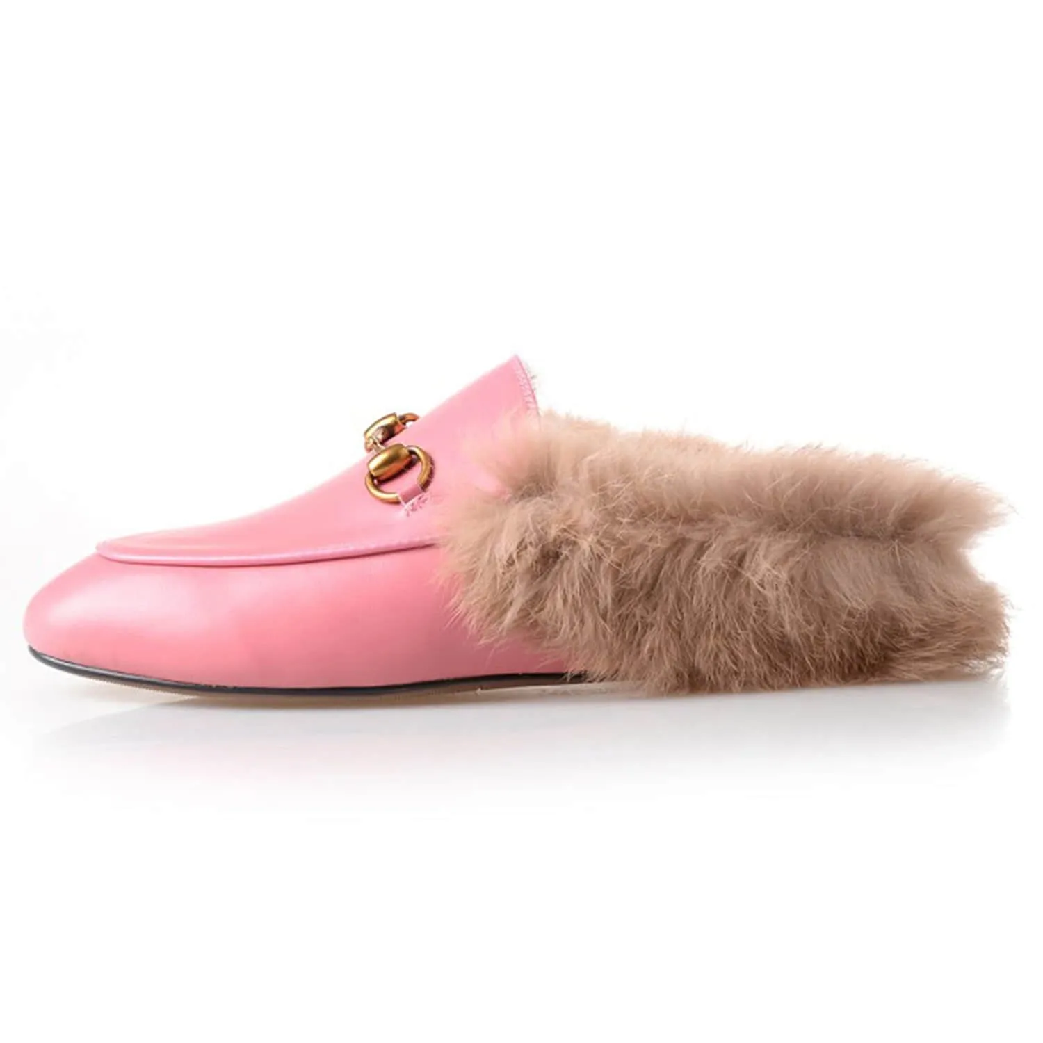 Women Handmade Leather Fur Flat Slippers Mules