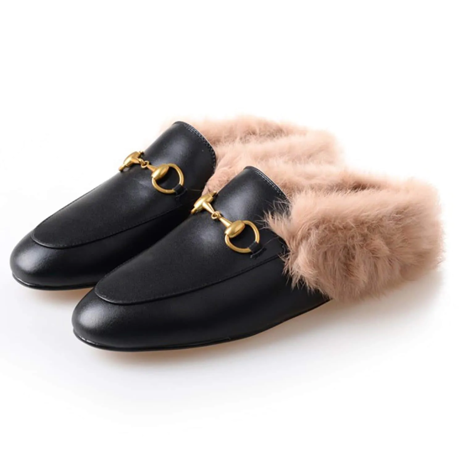 Women Handmade Leather Fur Flat Slippers Mules