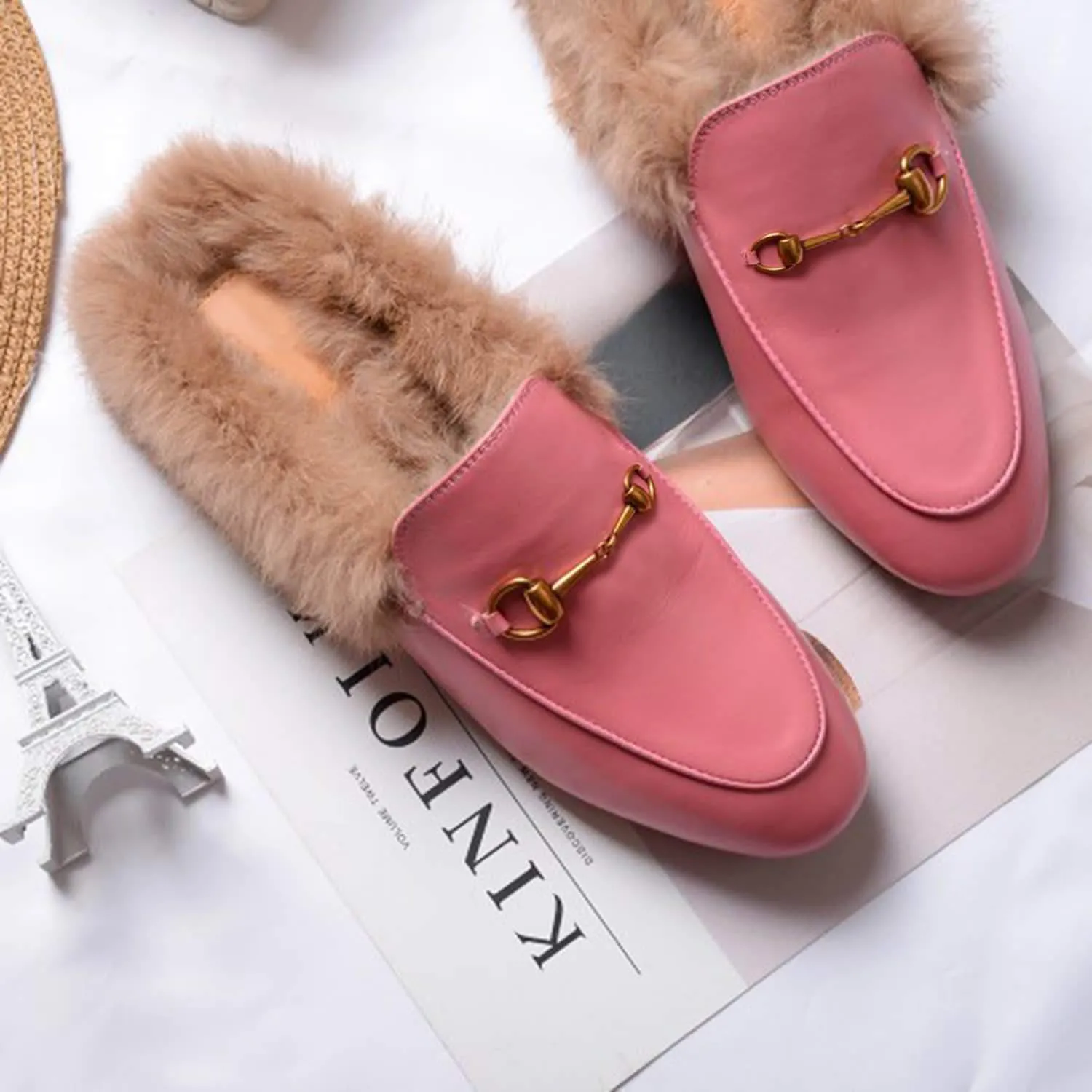 Women Handmade Leather Fur Flat Slippers Mules