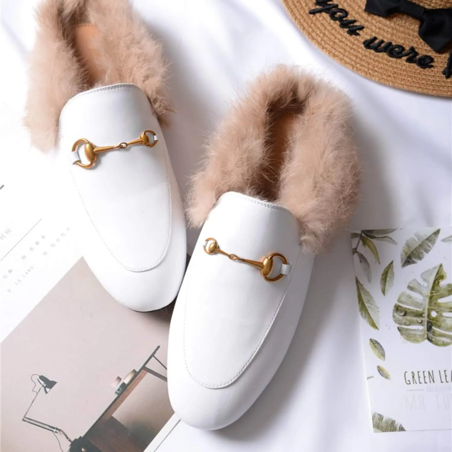 Women Handmade Leather Fur Flat Slippers Mules