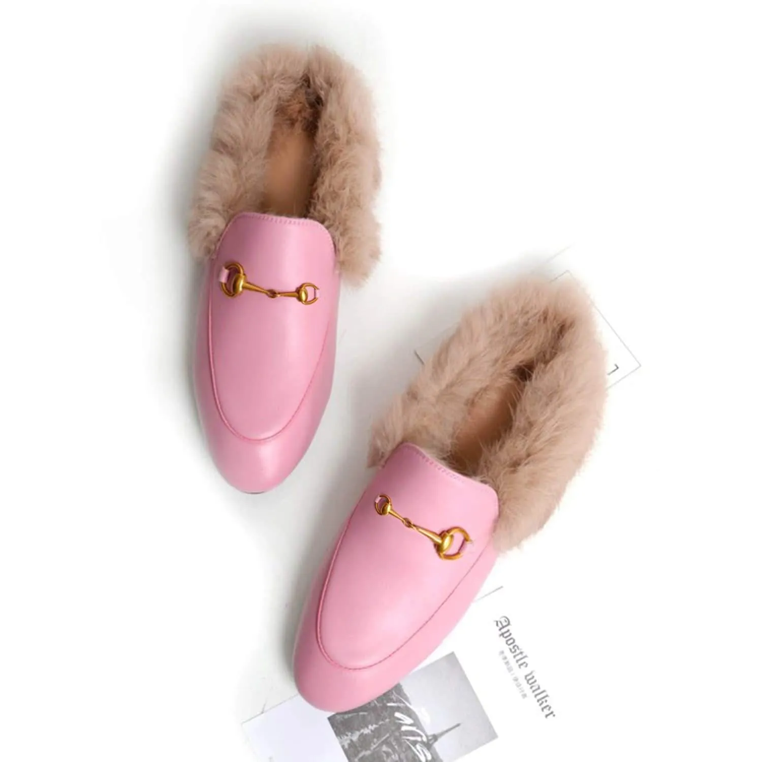 Women Handmade Leather Fur Flat Slippers Mules