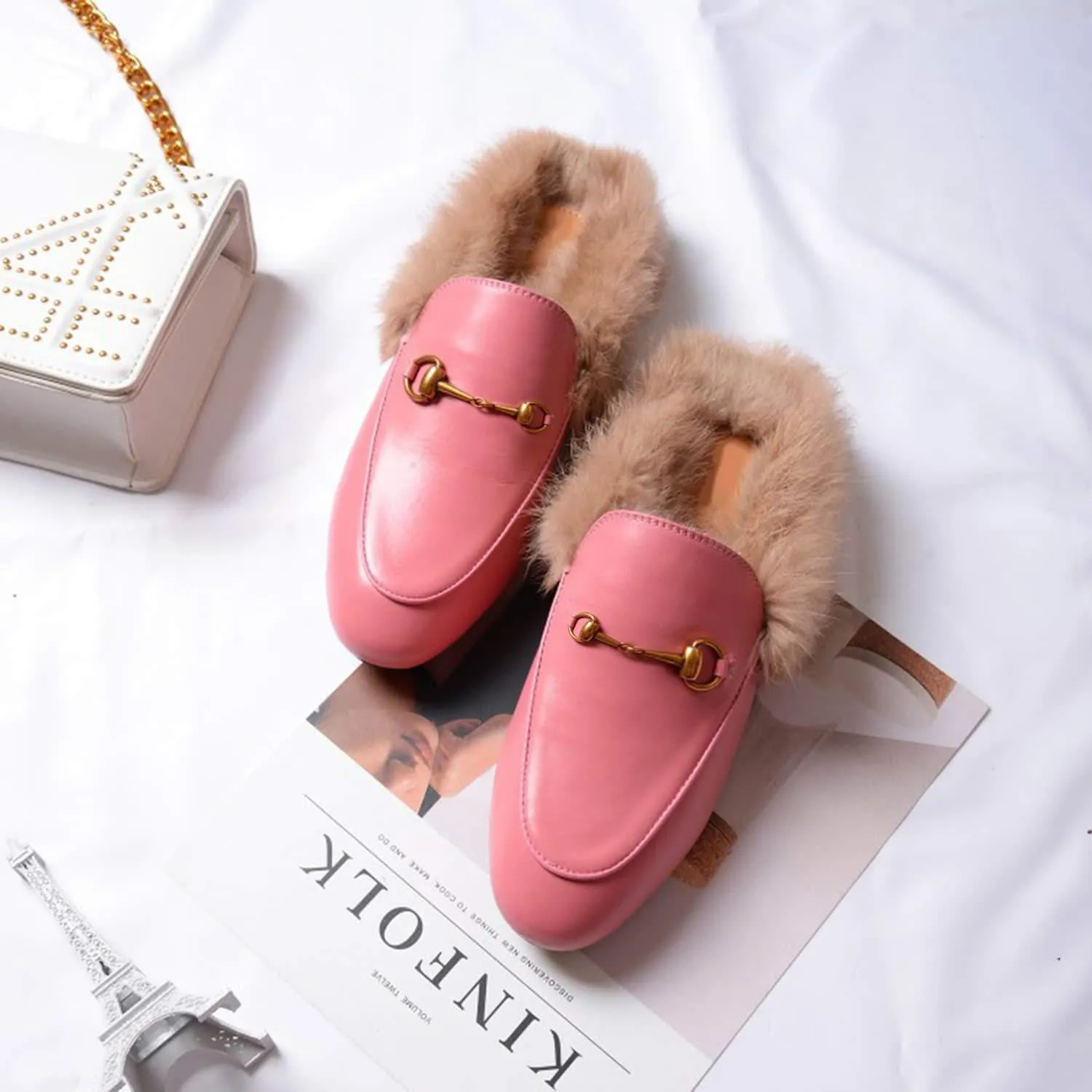 Women Handmade Leather Fur Flat Slippers Mules